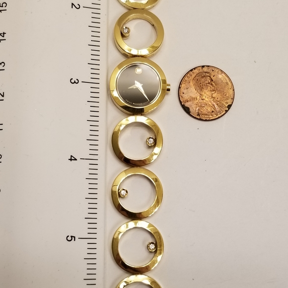 MOVADO WOMEN ONO GOLD PLATED STAILESS STEEL 6 DIAMOND SWISS WATCH Fresh Battery - Picture 6 of 15